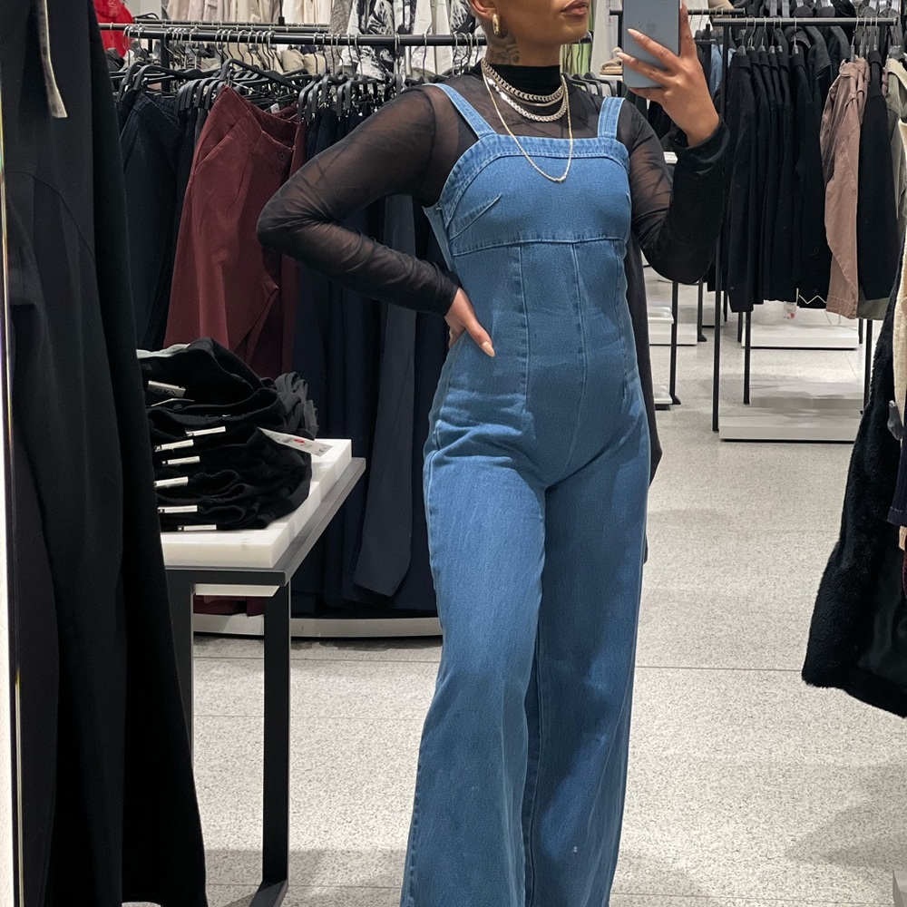 Blue Wide Leg Denim Jumpsuit